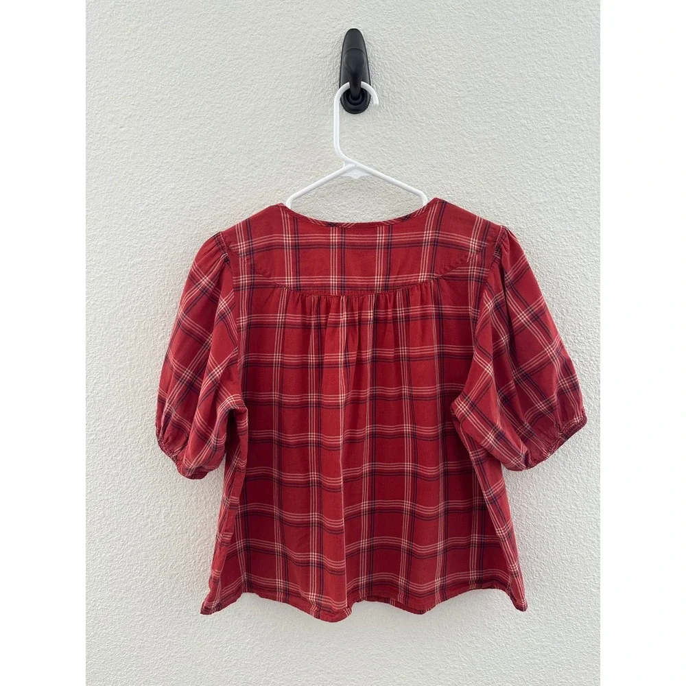 Madewell Plaid Button Front Top Red Puff Sleeve Cotton Blouse Coquette Medium